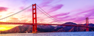 The Golden Gate Bridge, under an blood-red sky
